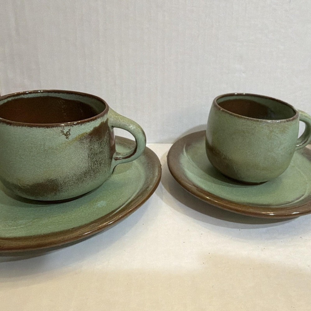 Set of 4 Frankoma Ceramic Cup & Saucer Set, Green/Brown Glossy, MPN 4C 4P